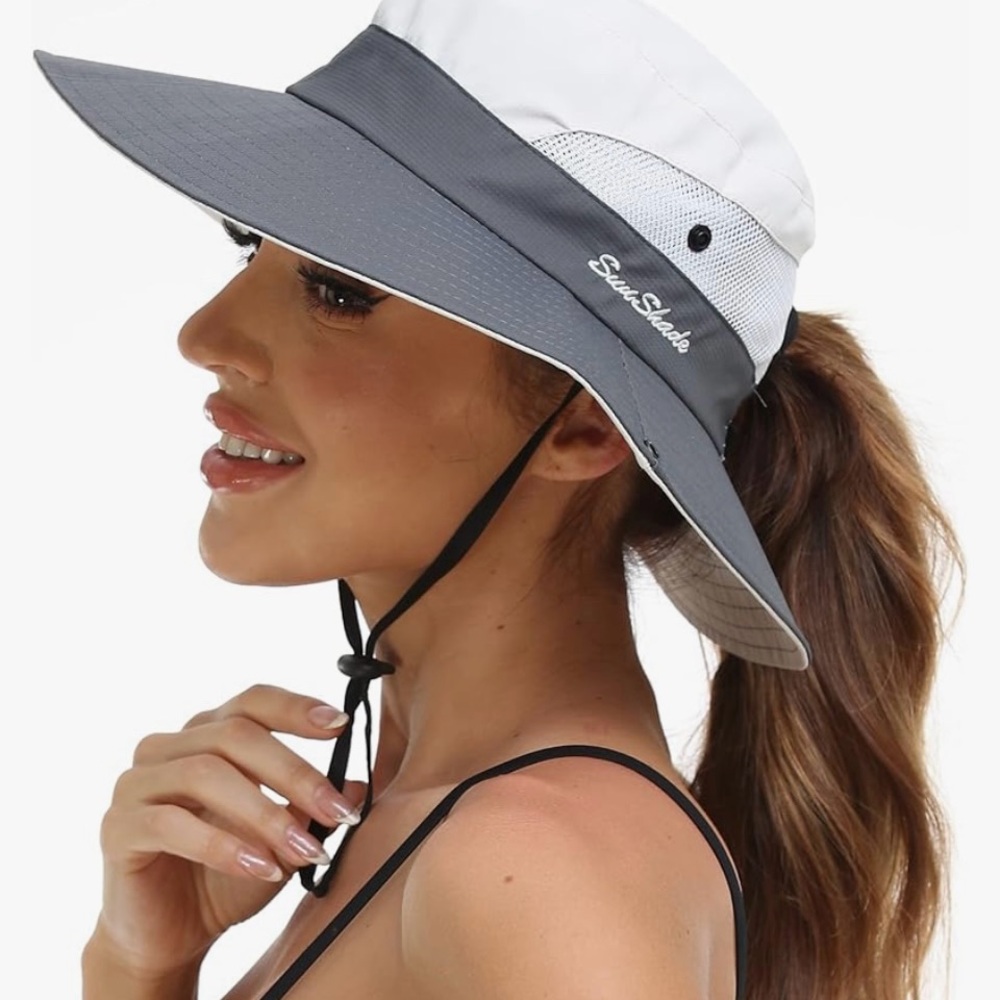 Gray Wide Brim Sun Hat with Chin Strap